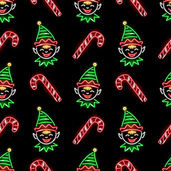 Christmas seamless pattern with neon candy-cane and elf face icons on black background. Winter holidays, X-mas, New Year, kids concept for wallpaper, wrapping, print. Vector 10 EPS illustration.
