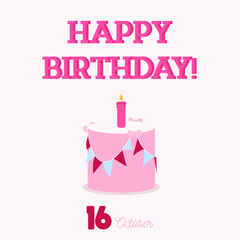 Happy Birthday typography card with a flat birthday cake