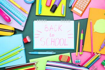 Different school supplies with text Back to School on green background