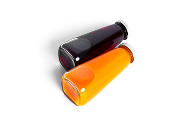 Orange and cherry juice in bottle isolated on a white background.