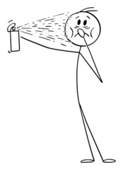Person or Man Smelling Stinking Perfume Spray, Vector Cartoon Stick Figure Illustration
