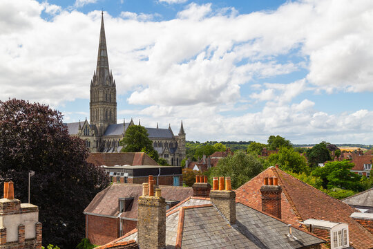 View of the center of the medieval town of Salisbury, England.