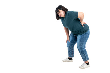 Asian fat woman with knee and waist pain, due to being overweight, On white isolated background, to...