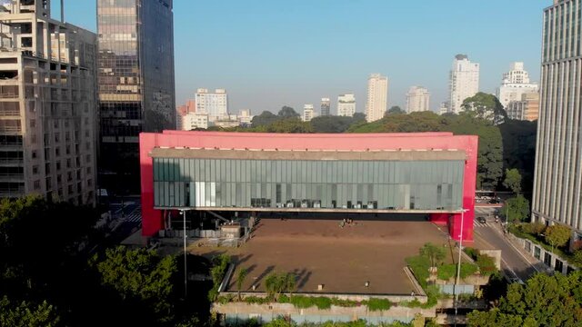 Urban city view of Masp, Paulista avenue, Sao Paulo, Brazil. Buildings at sunrise.