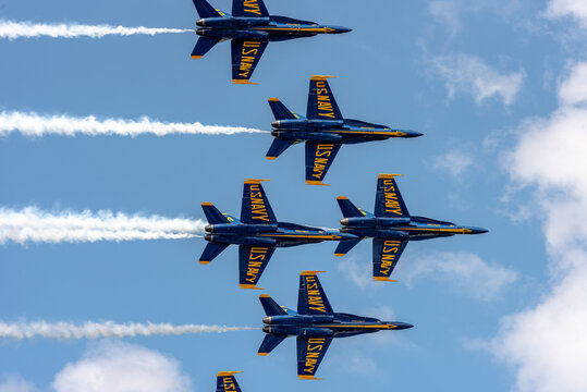 U.S Navy Blue Angels in formation in sky