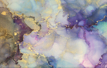 Abstract blue, violet and gold glitter color horizontal background. Marble texture. Alcohol ink