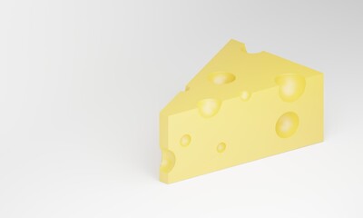 Piece of cheese with holes isolated on a white background. Located on the right side. 3D render. There is room for text. Copy space.