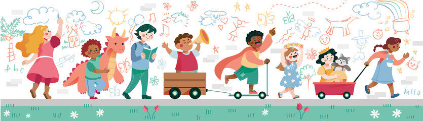 Illustration of Kids Walking, Drawing and Playing. Children going back to school. Long poster on white background.