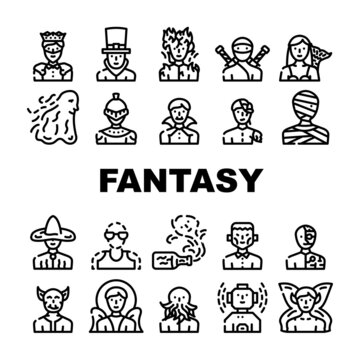 Fantasy And Magical Character Icons Set Vector. Zombie And Ghost, Angel And King, Burning And And Frankeinstein, Mummy And Vampire, Fairy And Steampunk Character Contour Illustrations