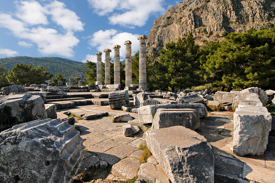 Remains of the ancient city of Priene with the columns of Temple of Athena, Turkey