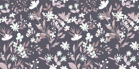 Seamless pattern. Vector floral print in an elegant color palette-ash pink and silver. Flower branches and leaves of grasses, meadow plants. Vintage romantic background. Vector illustration.