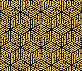 Abstract geometric pattern with stripes, lines. Seamless vector background. Gold and black ornament. Simple lattice graphic design