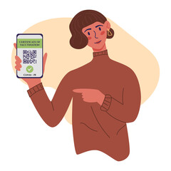 Certificate of vaccination vector flat cartoon illustration. Young women showing smartphone with vaccine QR code in mobile app or screen. Covid-19 coronavirus vaccine certificate