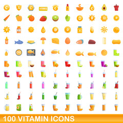 100 vitamin icons set. Cartoon illustration of 100 vitamin icons vector set isolated on white background