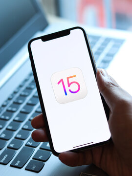 Assam, india - June 7, 2021 : IOS 15 logo on phone screen stock image.
