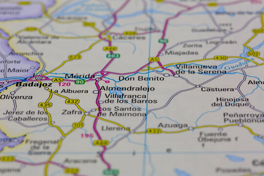 08-20-2021 Portsmouth, Hampshire, UK, Almendralejo Spain shown on a road map or Geography map
