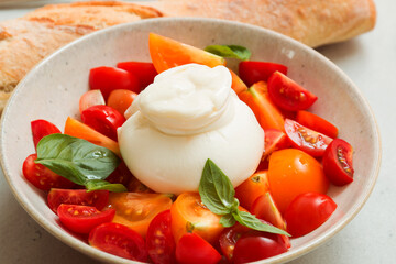 Delicious fresh cheese made from cream and milk - burrata. Italian tender cheese with tomato and greens salad.