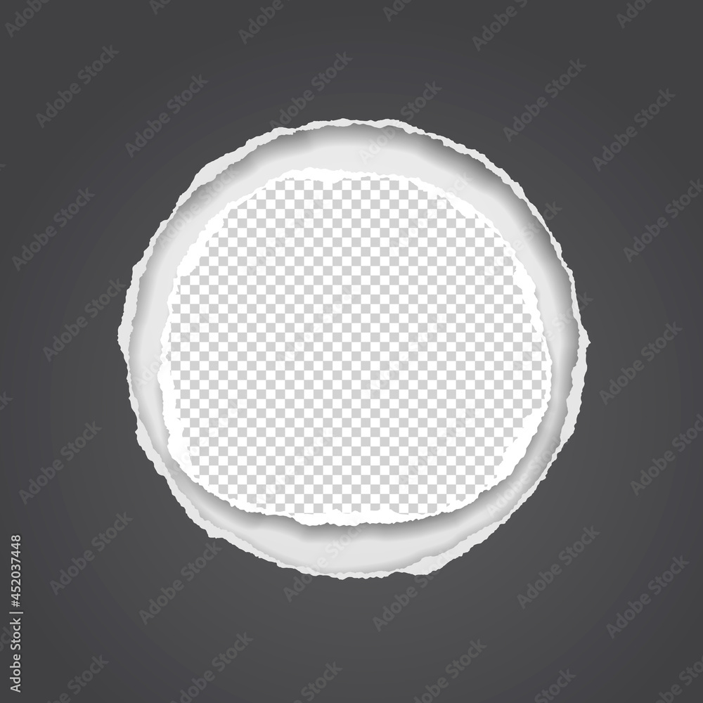 Poster black round hole composition in paper with torn edges and soft shadow is on white background. vector