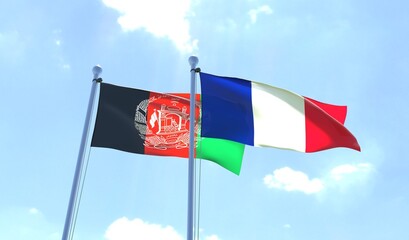 Afghanistan and France, two flags waving against blue sky. 3d image