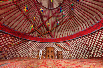 Interior of a nomadic yurt in Khiva, Uzbekistan - obrazy, fototapety, plakaty