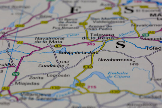 08-20-2021 Portsmouth, Hampshire, UK, Belvis de la jara Spain shown on a road map or Geography map