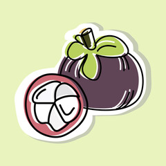 Vector illustration of whole mangosteen sticker and mangosteen cutout. Hand drawn icon and symbol for print on baby clothes, sticker, textile design. Cartoon design elements. 