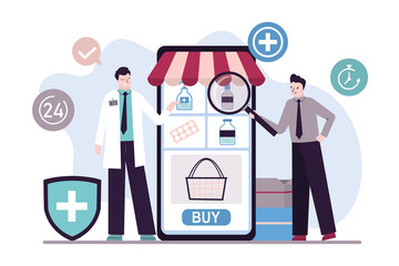 Pharmacist give advice and counseling medication to customer. Male patient with magnifying glass choosing drugs in online pharmacy store