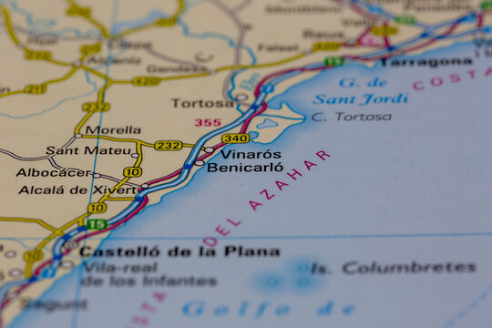 08-20-2021 Portsmouth, Hampshire, UK, Vinaros Benicarlo Spain shown on a road map or Geography map