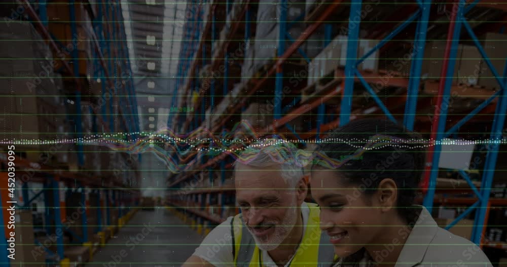 Poster animation of data processing over people working in warehouse