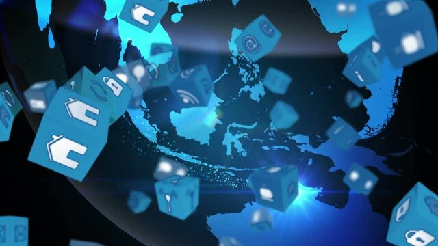 Animation of media icons over globe
