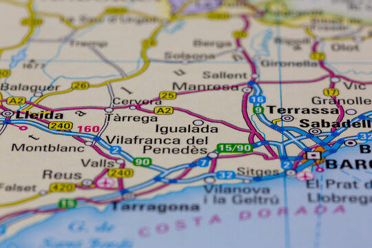 08-20-2021 Portsmouth, Hampshire, UK, Igualada Spain shown on a road map or Geography map