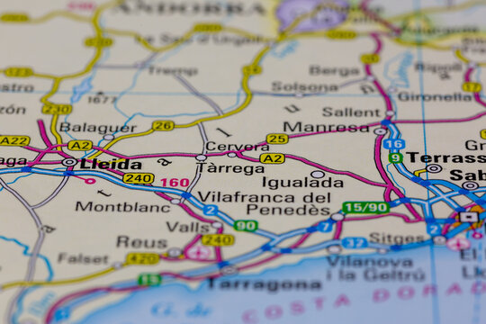 08-20-2021 Portsmouth, Hampshire, UK, Tarrega Spain shown on a road map or Geography map