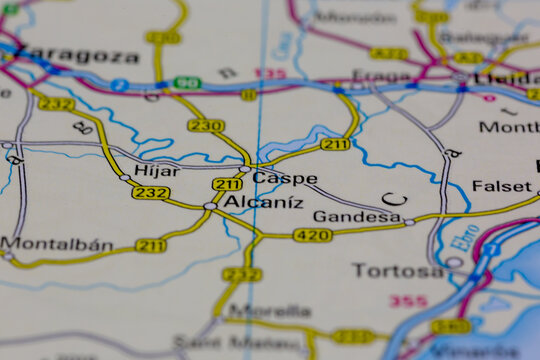 08-20-2021 Portsmouth, Hampshire, UK, Caspe Spain shown on a road map or Geography map