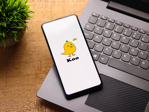 Assam, india - February 19, 2021 : Koo app logo on phone screen stock image.