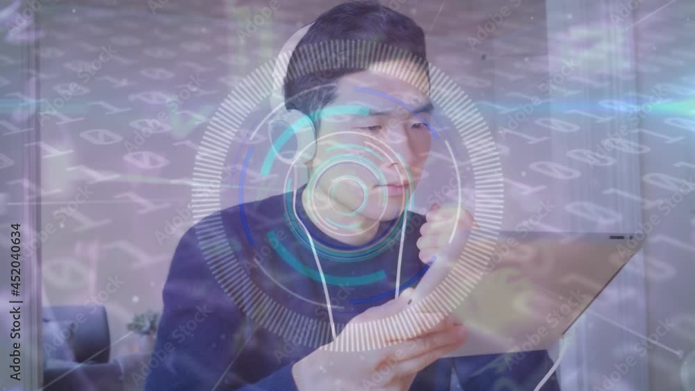 Poster animation of binary coding over man using tablet