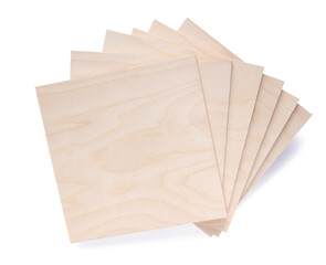 Plywood boards isolated at white background. Stack of plywood pieces on white
