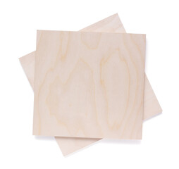 Plywood boards isolated at white background. Stack of plywood pieces on white