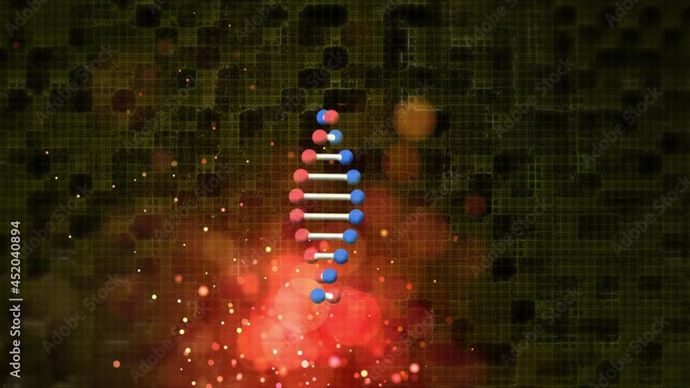 Poster animation of rotating dna strand with red bokeh lights and glowing particles over dark background