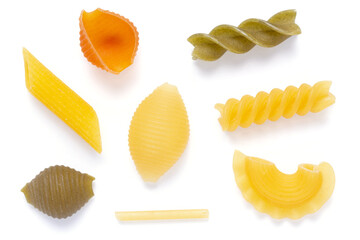 Pasta collection food isolated on white background. Raw pasta assortment
