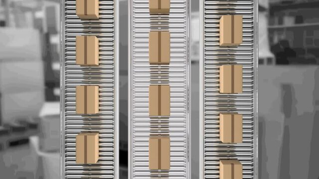 Animation of cardboard boxes moving on conveyor belts over warehouse