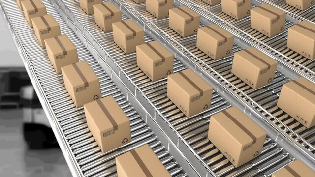 Animation of cardboard boxes moving on conveyor belts over warehouse