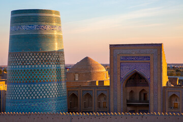 Old town Khiva with the blue tower known as Kalta Minor Minaret, Khiva, Uzbekistan
