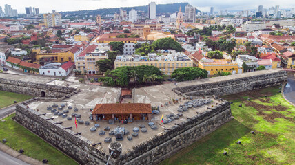 Aerial view of The Walled City (Ciudad Amurallada) in the beautiful and colonial Cartagena de Indias, Colombia - obrazy, fototapety, plakaty