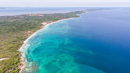 Aerial view of a coastline bay island in Baru, Cartagena, Colombia