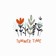 Hand drawn flowers and branches, decorative lettering 