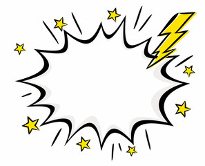 Comic empty explosion with lightning in popart style. Isolated White box for content. Cartoon Vector illustration. Template for offer, announcement or discount.