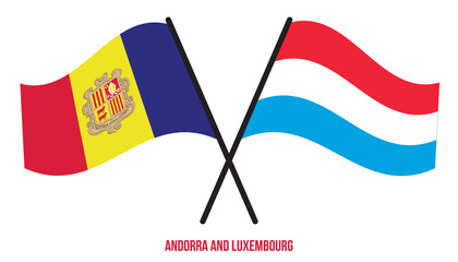 Andorra and Luxembourg Flags Crossed And Waving Flat Style. Official Proportion. Correct Colors.