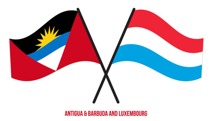 Antigua & Barbuda and Luxembourg Flags Crossed & Waving Flat Style. Official Proportion