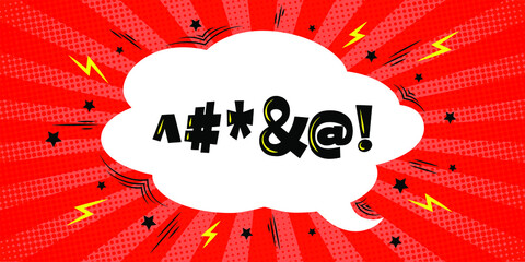 Expletive in cloud-shaped speech bubble with stars and lightings. Comic halftone background