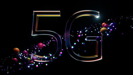 5G title made of metal with reflective surface surrounded by bright particles. Technology 3d render.